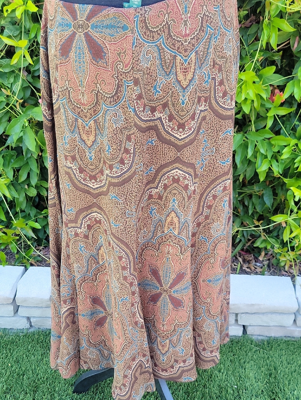 100% Silk Brown Floral Patterned Rodeo Western Cowgirl Festival Vibe Skirt 12 - Picture 8 of 15